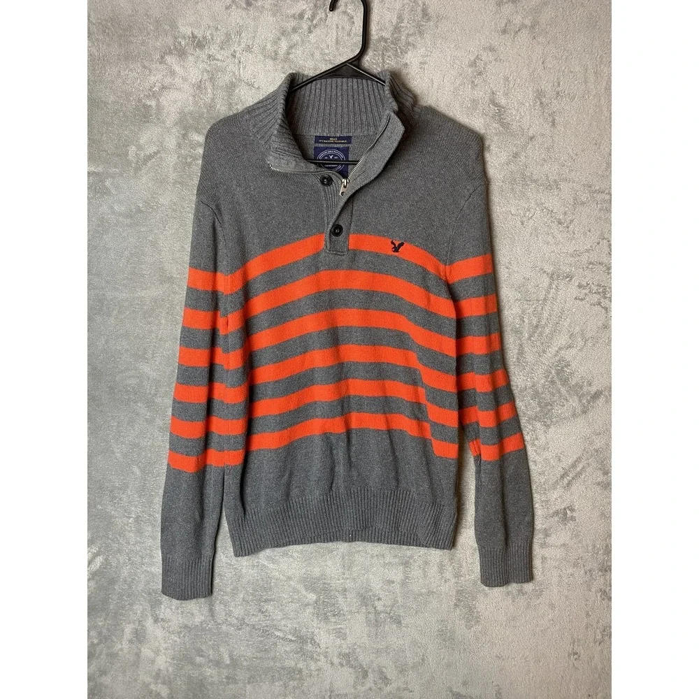 American Eagle Mens L Athletic Fit Sweater Gray Orange Striped